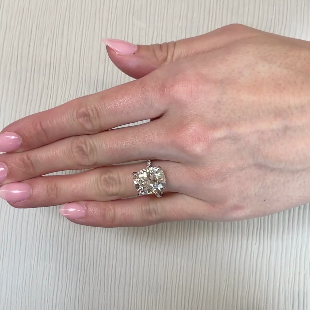 Cushion 8.50tcw Lab Grown Diamond Hidden Halo Pave Cathedral Style Engagement Ring, D-E-F Color, VVS-VS Clarity