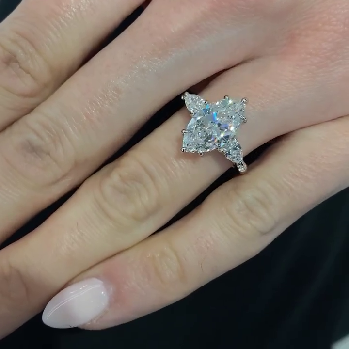 Marquise 3.25tcw Lab Grown Diamond Three Stone Hidden Halo Pave Engagement Ring, D-E-F Color, VVS-VS Clarity
