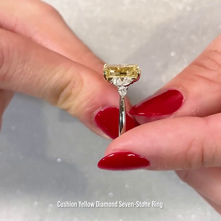 Fancy Yellow Cushion 3.40tcw Lab Grown Diamond Cathedral Side Stone Engagement Ring, VVS-VS Clarity