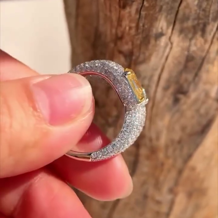 Asscher Fancy Yellow and White 5.50tcw Lab Grown Diamond Bypass Set Pave Engagement Ring, VVS-VS Clarity