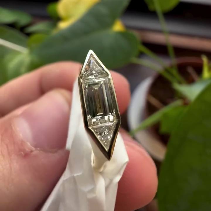 Baguette And Trillion 0.90tcw Lab grown Diamond Three Stone Bezel Engagement Ring, D-E-F Color, VVS-VS Clarity