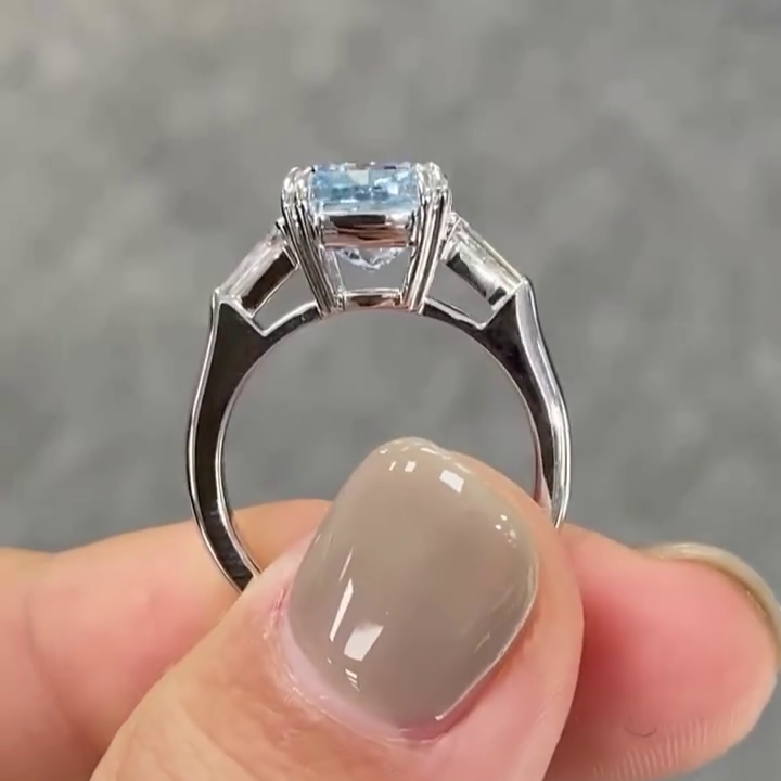 Fancy Blue Cushion Cut 3.50tcw Lab Grown Diamond Engagement Ring | Three Stone Design | IGI Certified | 10k 14k 18k Platinum Gold