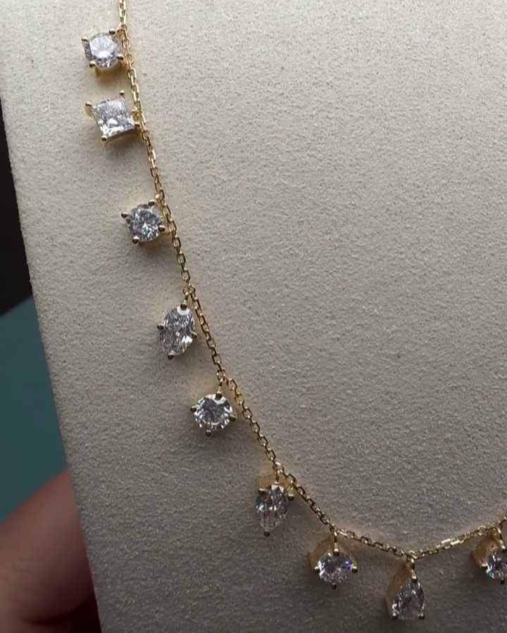 7.50tcw Lab Grown Diamond Dangle Necklace | Multi-Shape Round, Pear, Oval, Marquise, Emerald, Princess | Yellow Gold | IGI Certified