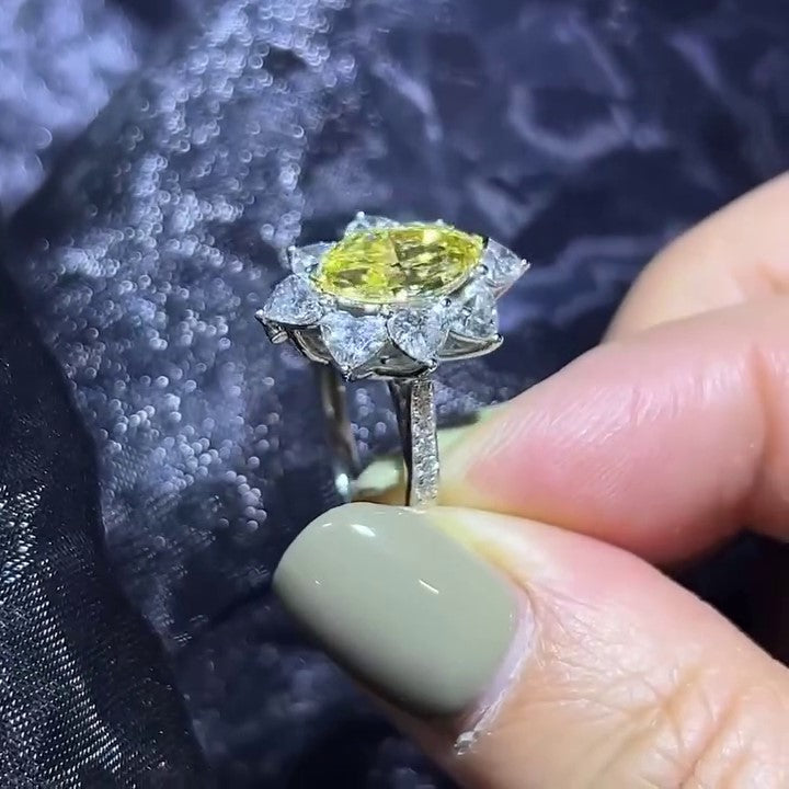 Marquise Fancy Yellow 6.10tcw Lab Grown Diamond Heart Halo Cathedral Shank Engagement Ring, VVS-VS Clarity - IGI Certificate
