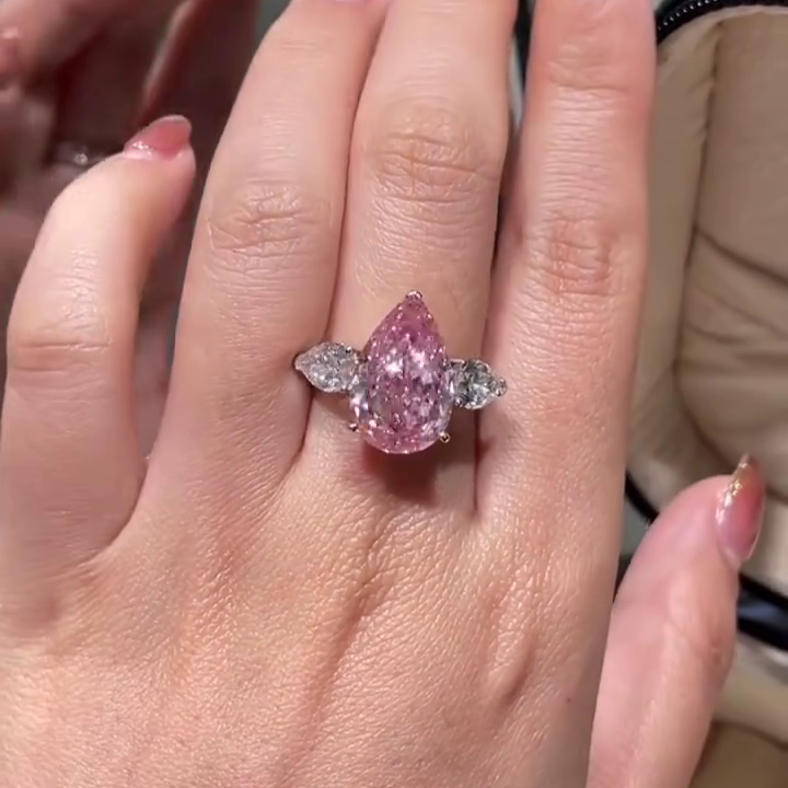 Fancy Pink 7.00tcw Lab Diamond Three-Stone Engagement Ring | Pear Shape | IGI Certified