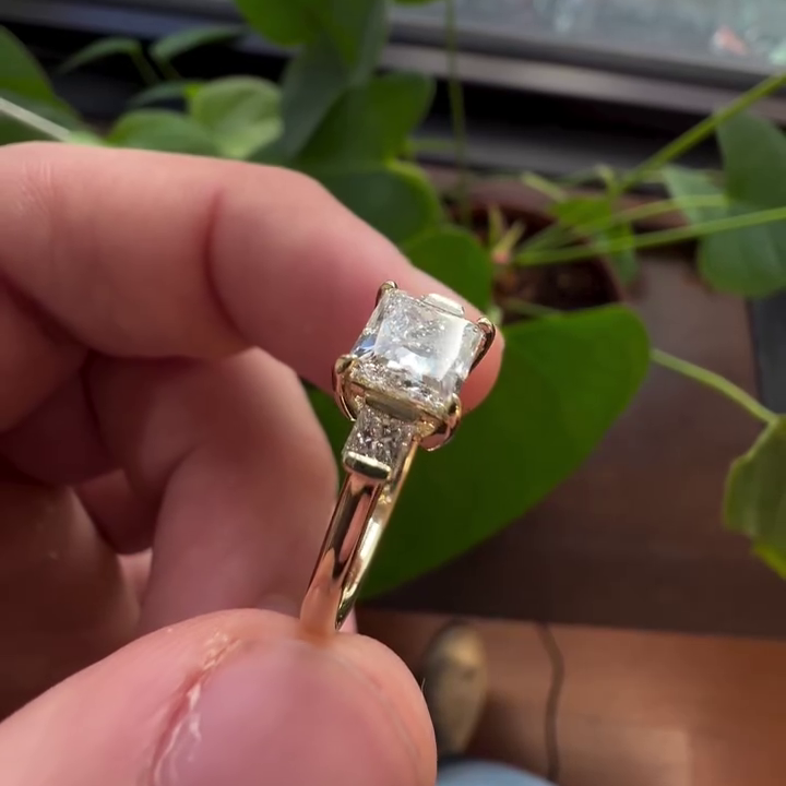 Princess 3.00tcw Lab Grown Diamond Three Stone Half Bezel Engagement Ring, D-E-F Color, VVS-VS Clarity