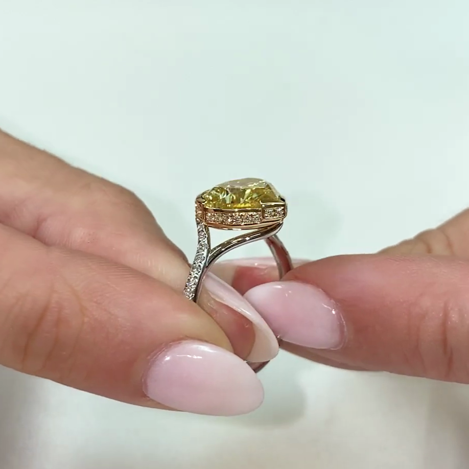 Heart 4.50tcw Fancy Yellow Lab Diamond Cathedral Semi-Bezel Ring | Hidden Halo | IGI Certified