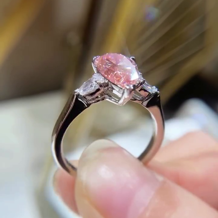 Pear Shape 1.20tcw Fancy Pink Lab Grown Diamond Engagement Ring | Three Stone Ring | 1.00ct Center | IGI Certificate