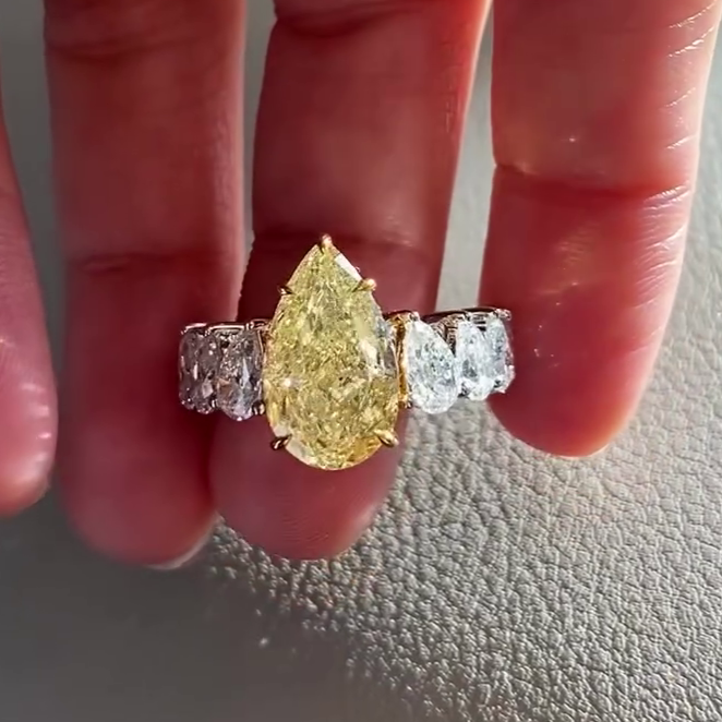 Pear Fancy Yellow 9.00tcw Lab Diamond Pavé Engagement Ring | IGI Certified VVS–VS Clarity