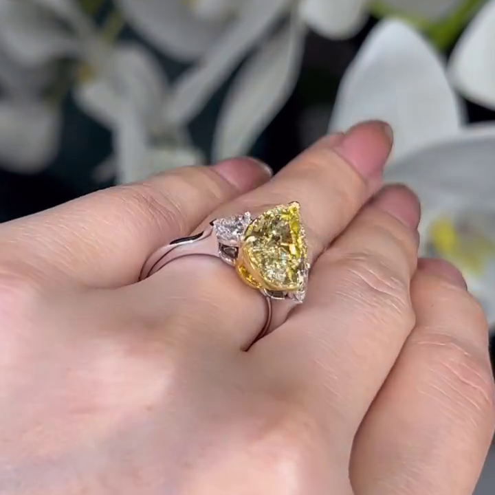 Pear Fancy Yellow 6.00tcw Lab Grown Diamond Two Tone Cathedral Three Stone Engagement Ring, VVS-VS Clarity