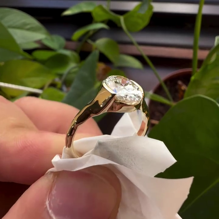 Oval 1.50tcw Lab Grown Diamond Crushed Side Bezel Style Engagement Ring, D-E-F Color, VVS-VS Clarity