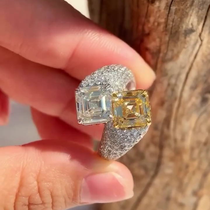 Asscher Fancy Yellow and White 5.50tcw Lab Grown Diamond Bypass Set Pave Engagement Ring, VVS-VS Clarity