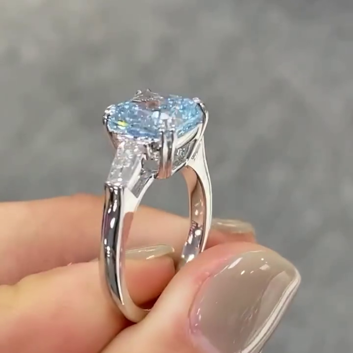 Fancy Blue Cushion Cut 3.50tcw Lab Grown Diamond Engagement Ring | Three Stone Design | IGI Certified | 10k 14k 18k Platinum Gold