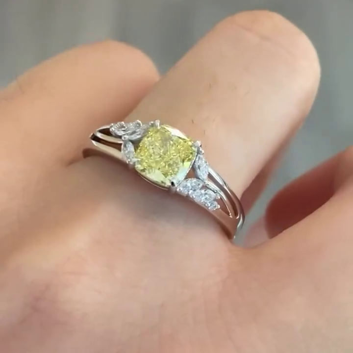 3.00ct Fancy Yellow Cushion Cut Diamond Ring | 0.30ct Side Stones | 14K White Gold | Unique Split Shank Engagement Ring