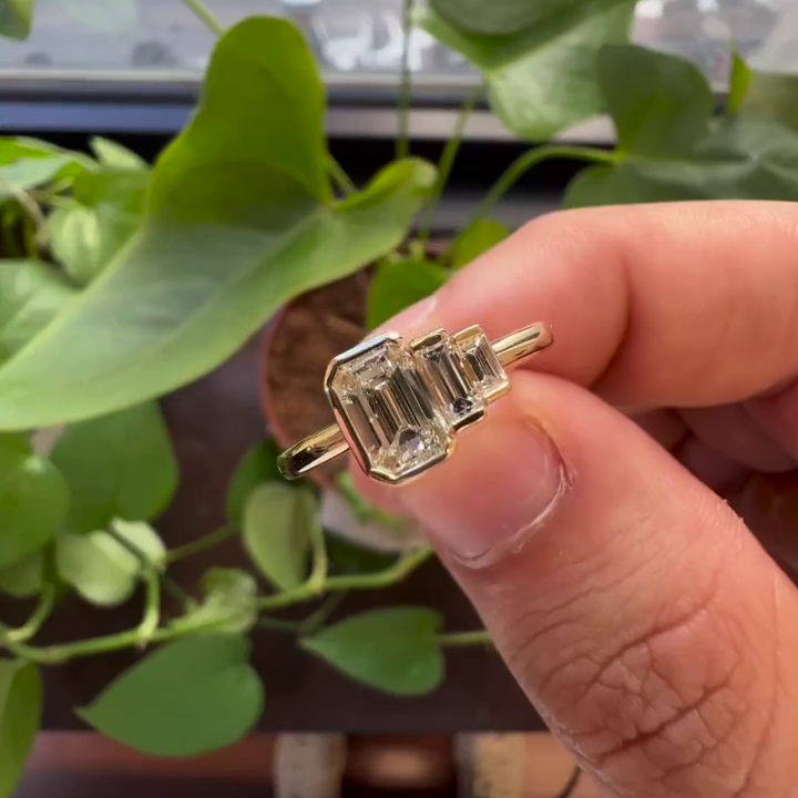 Emerald 1.00tcw Lab Grown Diamond Unique Side Stone Half Bezel Style Engagement Ring, DEF Color, VVS-VS Clarity