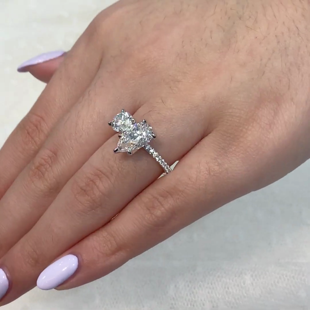 Pear And Round 3.30tcw Lab Grown Diamond Toi Et Moi Pave Engagement Ring, D-E-F Color, VVS-VS Clarity - IGI Certified