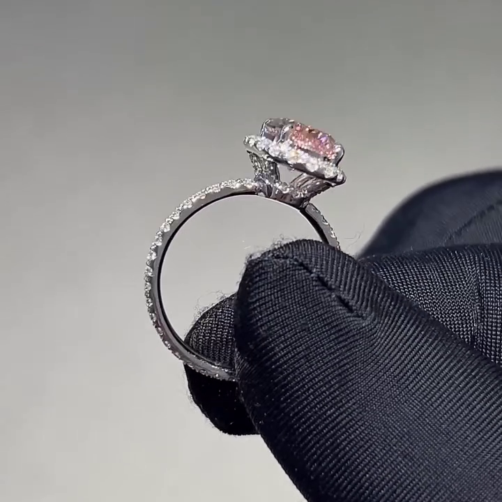 Oval Fancy Pink 3.00tcw Lab Grown Diamond Halo Pave Engagement Ring, VVS-VS Clarity