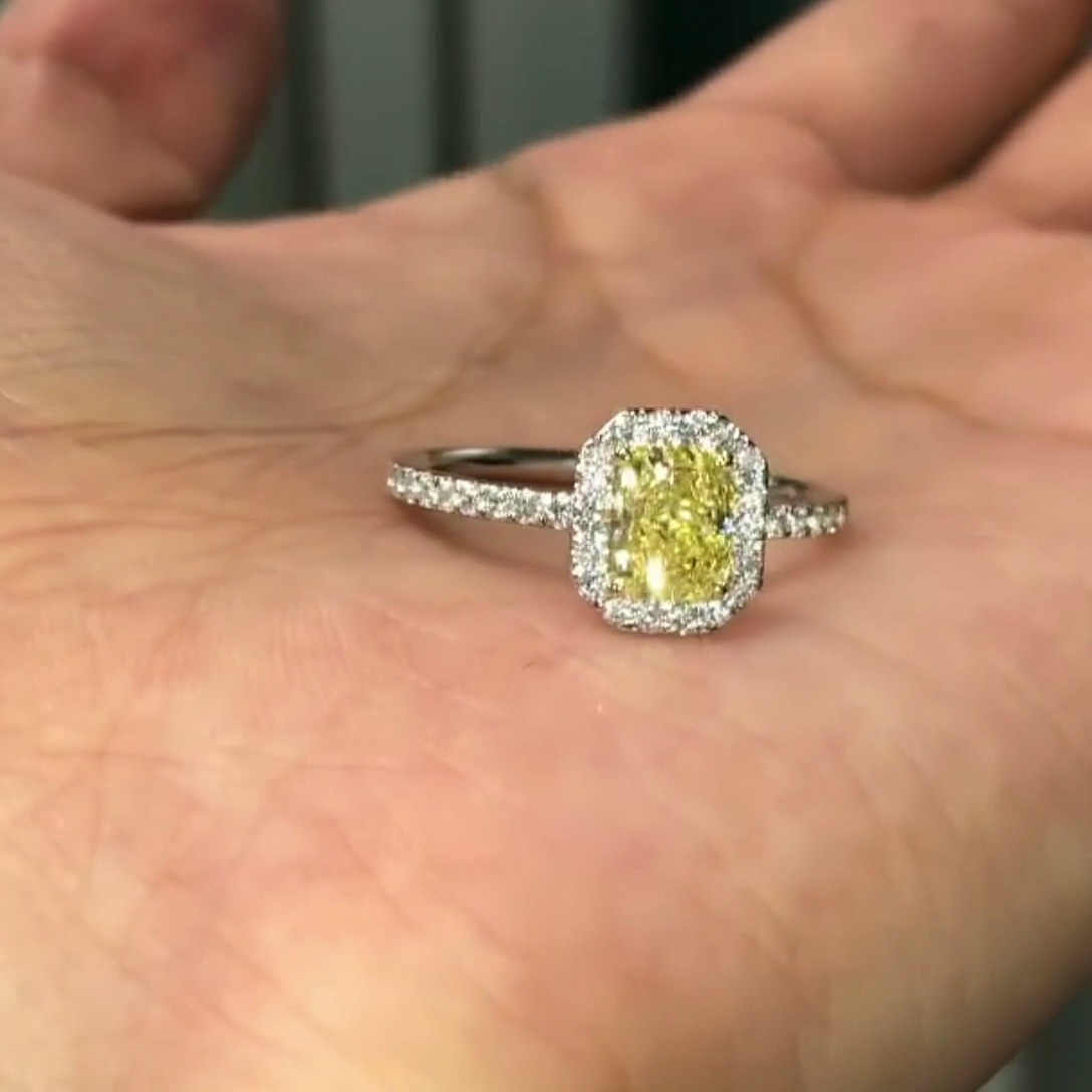 1.70tcw Yellow Radiant Lab Diamond Engagement Ring | Halo + Pavé Band | IGI Certified | White Gold Ring