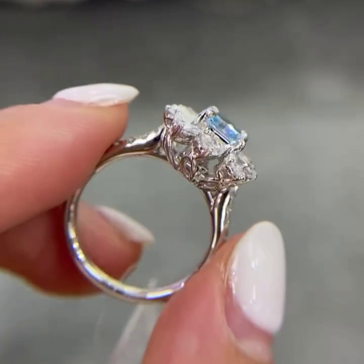 Fancy Blue Radiant 3.00tcw Lab Grown Diamond Cluster Engagement Ring | IGI Certified