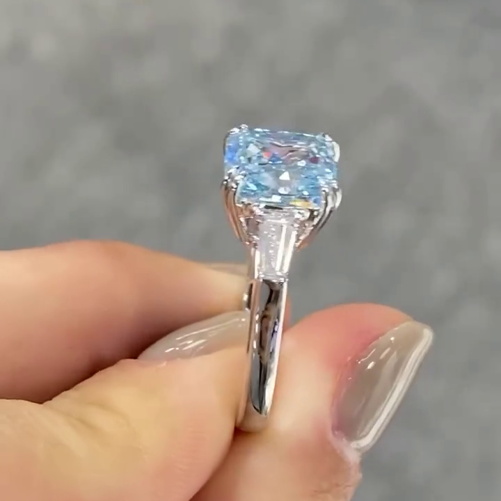 Fancy Blue Cushion Cut 3.50tcw Lab Grown Diamond Engagement Ring | Three Stone Design | IGI Certified | 10k 14k 18k Platinum Gold