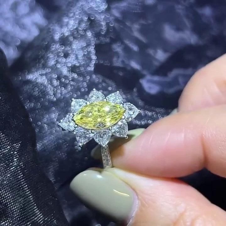 Marquise Fancy Yellow 6.10tcw Lab Grown Diamond Heart Halo Cathedral Shank Engagement Ring, VVS-VS Clarity - IGI Certificate