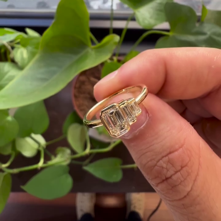 Emerald 1.00tcw Lab Grown Diamond Unique Side Stone Half Bezel Style Engagement Ring, DEF Color, VVS-VS Clarity