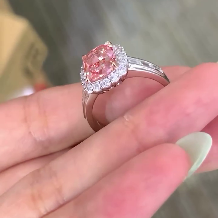 Elongated Cushion Fancy Pink 5.50tcw Lab Grown Diamond Halo Channel Set Pave Engagement Ring, VVS-VS Clarity