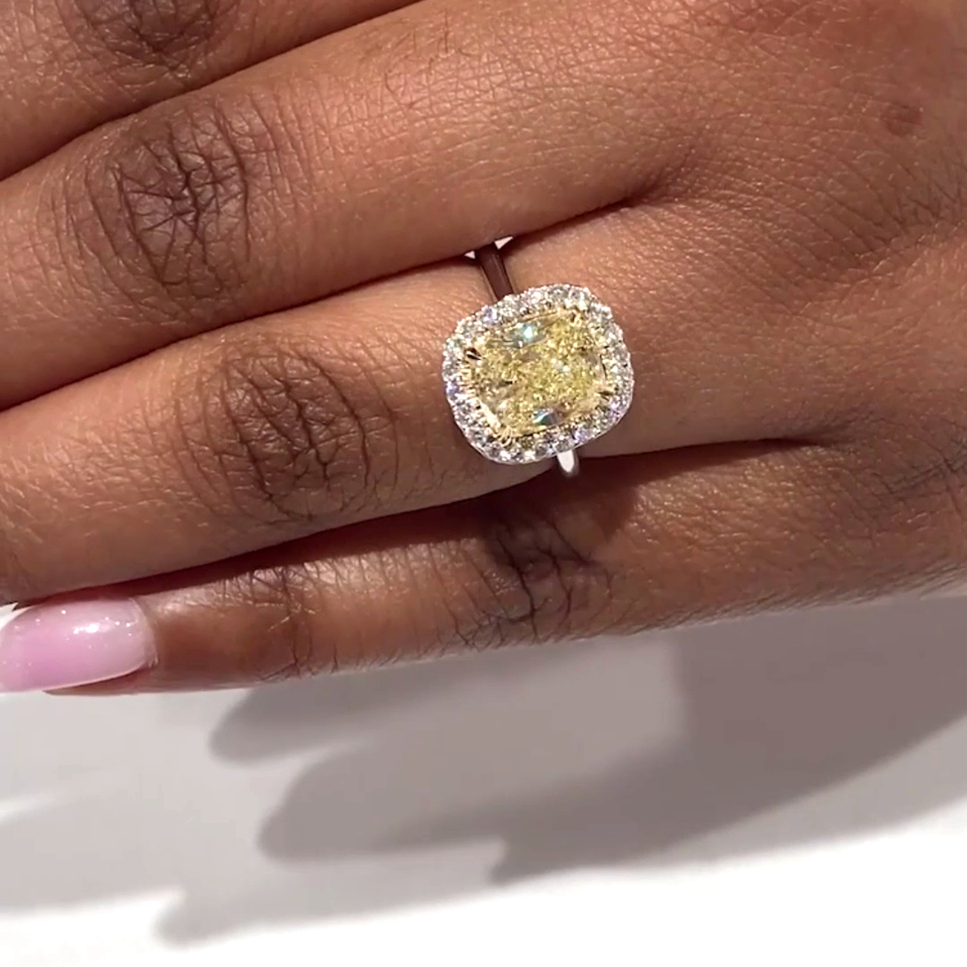 Cushion Fancy Yellow 3.30tcw Lab Grown Diamond Double Edge Halo Engagement Ring, VVS-VS Clarity - IGI Certified