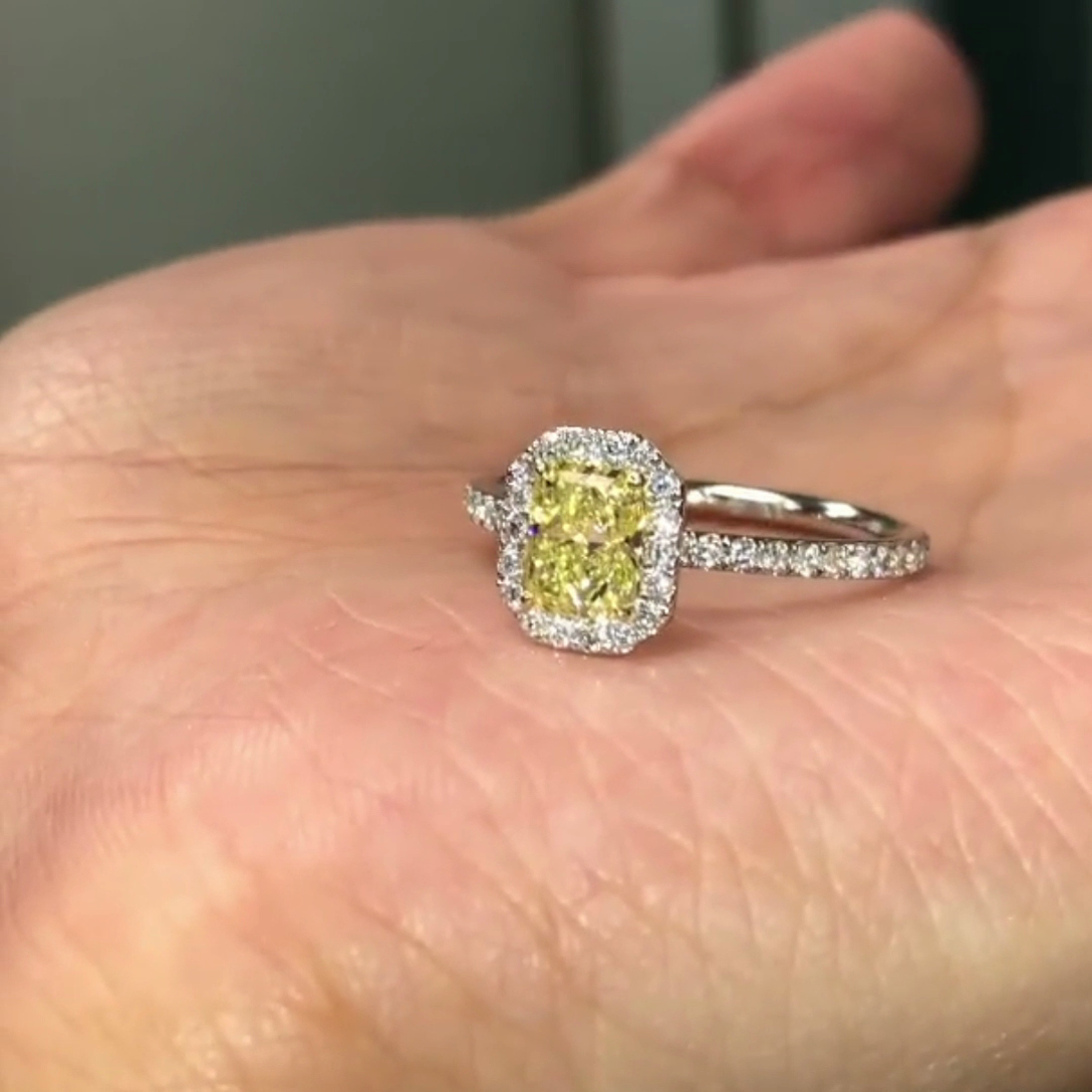 1.70tcw Yellow Radiant Lab Diamond Engagement Ring | Halo + Pavé Band | IGI Certified | White Gold Ring