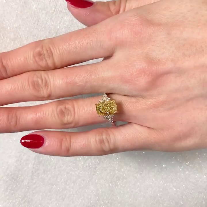 Fancy Yellow Cushion 3.40tcw Lab Grown Diamond Cathedral Side Stone Engagement Ring, VVS-VS Clarity