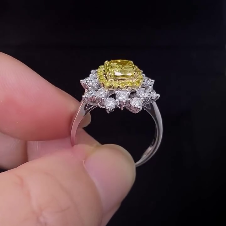 SQ Cushion 2.30tcw Fancy Yellow Lab Diamond Double Halo Ring | IGI Certified VS Clarity