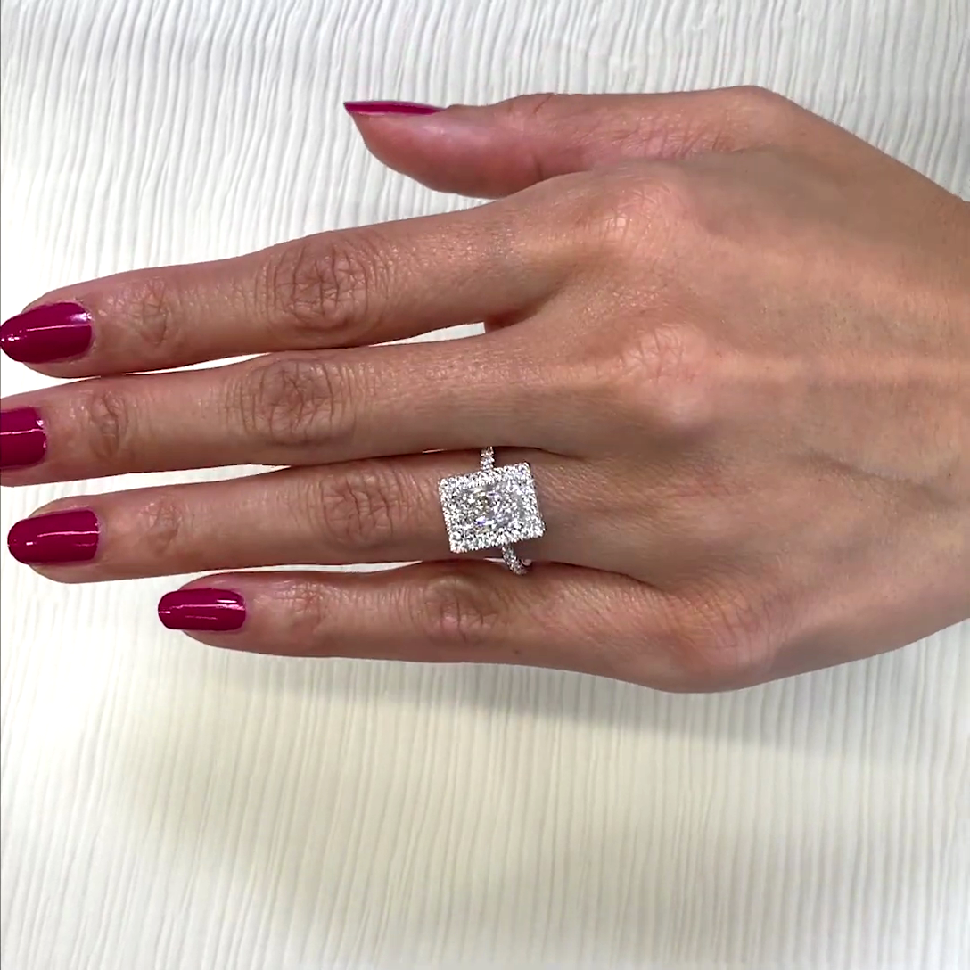 Radiant 2.74tcw Lab Grown Diamond Double Edge Halo Engagement Ring, D-E-F Color, VVS-VS Clarity