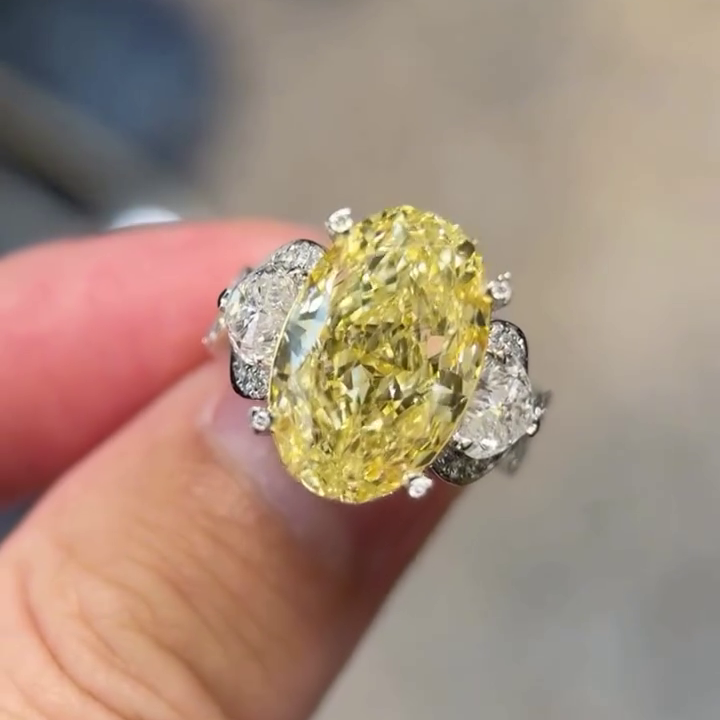 Oval Fancy Yellow 10.50tcw Lab Grown Diamond Three Stone Pave Engagement Ring, VVS-VS Clarity