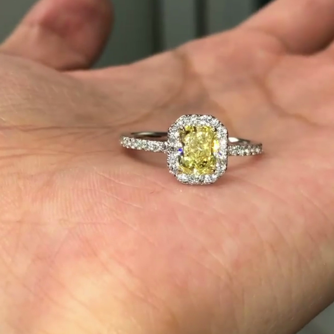 1.70tcw Yellow Radiant Lab Diamond Engagement Ring | Halo + Pavé Band | IGI Certified | White Gold Ring