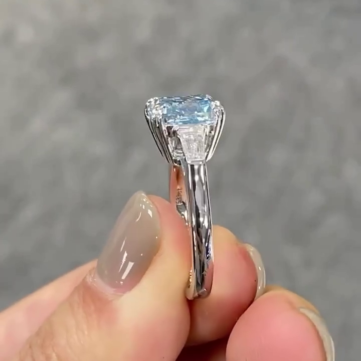 Fancy Blue Cushion Cut 3.50tcw Lab Grown Diamond Engagement Ring | Three Stone Design | IGI Certified | 10k 14k 18k Platinum Gold