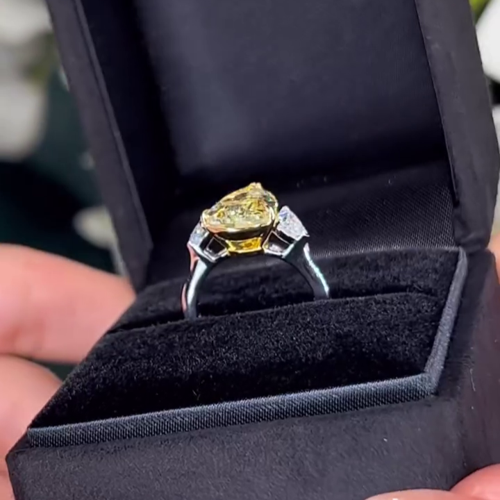 Pear Fancy Yellow 6.00tcw Lab Grown Diamond Two Tone Cathedral Three Stone Engagement Ring, VVS-VS Clarity
