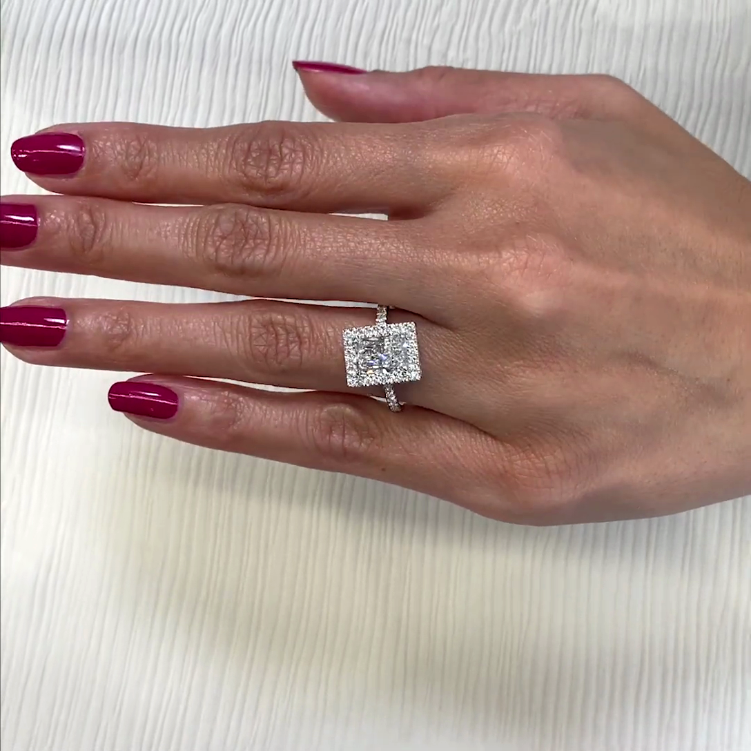 Radiant 2.74tcw Lab Grown Diamond Double Edge Halo Engagement Ring, D-E-F Color, VVS-VS Clarity