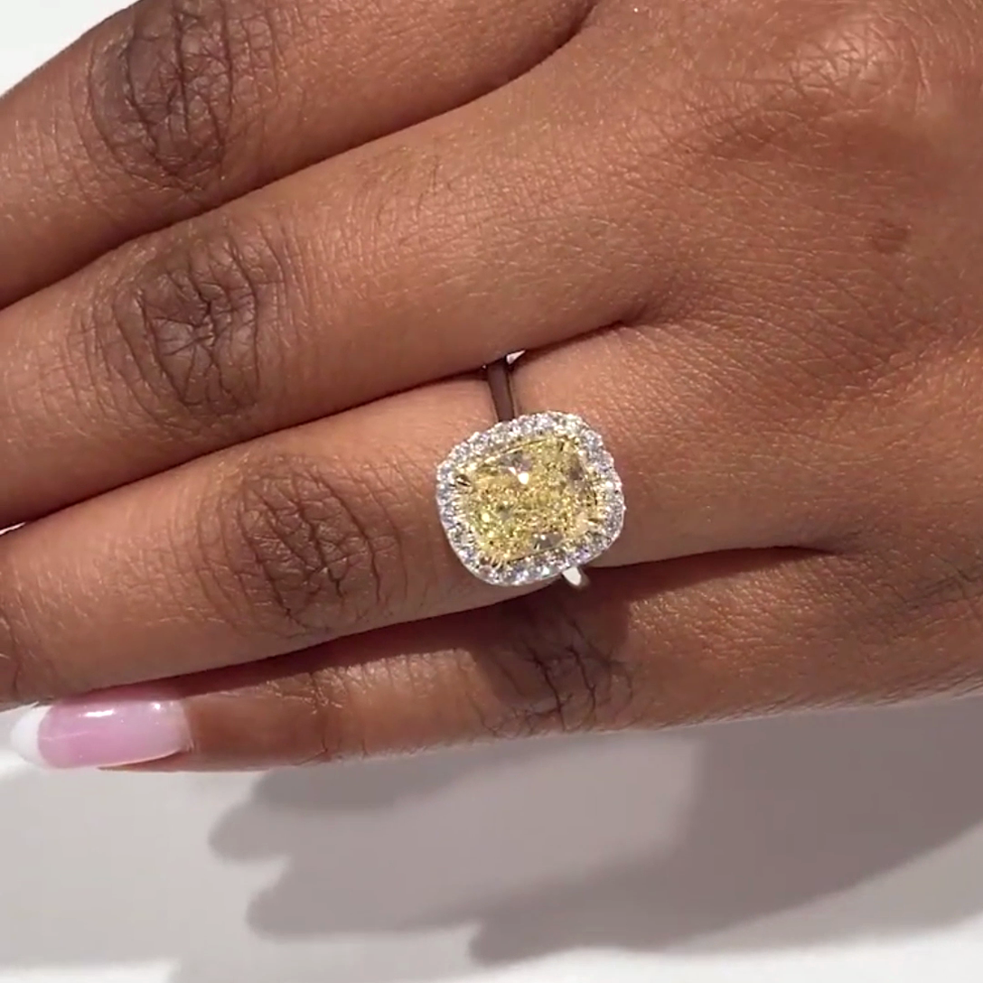 Cushion Fancy Yellow 3.30tcw Lab Grown Diamond Double Edge Halo Engagement Ring, VVS-VS Clarity - IGI Certified
