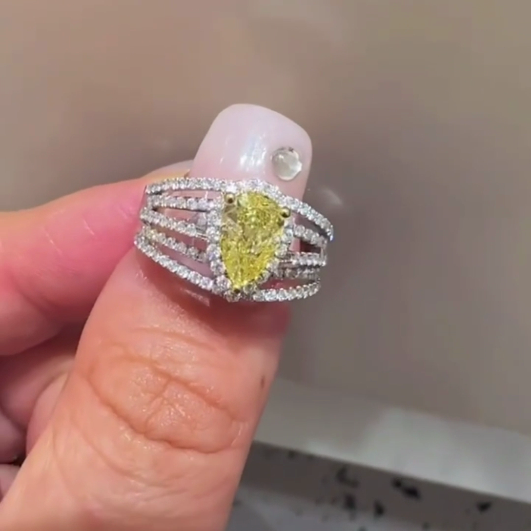 Fancy Yellow 3.00tcw Pear-Shaped Lab Diamond Engagement Ring | Pavé Split Shank