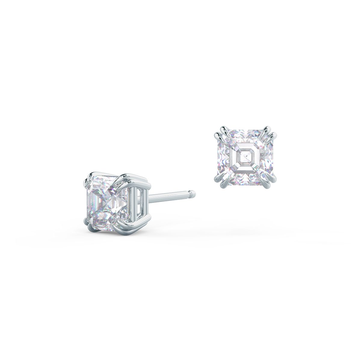 Asscher Lab Grown Diamond Double Prong Stud Solitaire Earrings, EF Color, VS Clarity, IGI Certified
