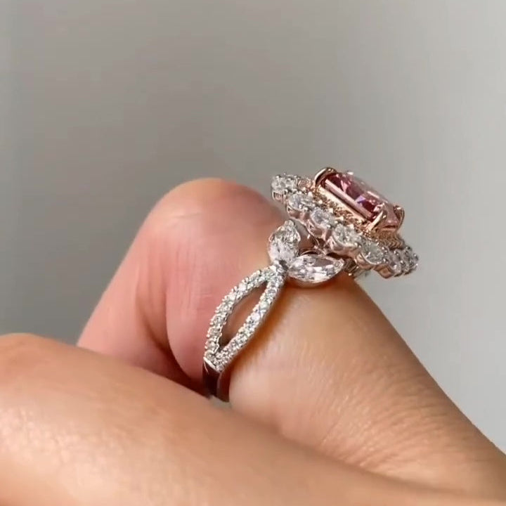 Fancy Pink 3.50tcw Radiant Lab Diamond Ring | Double Halo Sparkle | IGI Certified | Split Shank Design