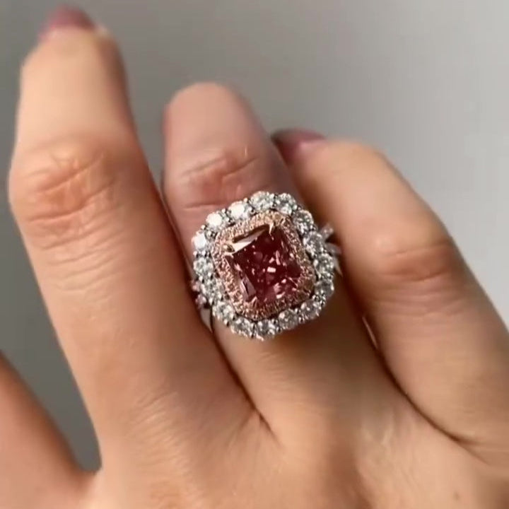 Fancy Pink 3.50tcw Radiant Lab Diamond Ring | Double Halo Sparkle | IGI Certified | Split Shank Design